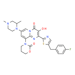 ChemSpider 2D Image | 7-(2,4-Dimethyl-1-piperazinyl)-2-[5-(4-fluorobenzyl)-1,3-thiazol-2-yl]-3-hydroxy-9-(2-oxo-1,3-oxazinan-3-yl)-4H-pyrido[1,2-a]pyrimidin-4-one | C28H29FN6O4S