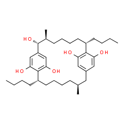 ChemSpider 2D Image | (2R,3S,8S,14S,19S)-8,19-Dibutyl-3,14-dimethyltricyclo[18.2.2.2~9,12~]hexacosa-1(22),9,11,20,23,25-hexaene-2,10,21,24,26-pentol | C36H56O5