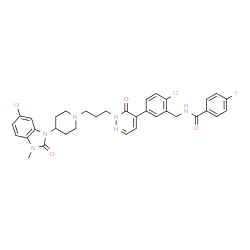 ChemSpider 2D Image | N-[2-Chloro-5-(2-{3-[4-(6-chloro-3-methyl-2-oxo-2,3-dihydro-1H-benzimidazol-1-yl)-1-piperidinyl]propyl}-3-oxo-2,3-dihydro-4-pyridazinyl)benzyl]-4-fluorobenzamide | C34H33Cl2FN6O3