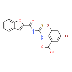 ChemSpider 2D Image | 2-{[(1-Benzofuran-2-ylcarbonyl)carbamothioyl]amino}-3,5-dibromobenzoic acid | C17H10Br2N2O4S