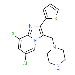 ChemSpider 2D Image | 6,8-Dichloro-3-(1-piperazinylmethyl)-2-(2-thienyl)imidazo[1,2-a]pyridine | C16H16Cl2N4S