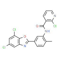 ChemSpider 2D Image | 2-Chloro-N-[5-(5,7-dichloro-1,3-benzoxazol-2-yl)-2-methylphenyl]nicotinamide | C20H12Cl3N3O2