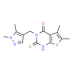 ChemSpider 2D Image | thieno[2,3-d]pyrimidin-4(3H)-one, 3-[(1,5-dimethyl-1H-pyrazol-4-yl)methyl]-2-mercapto-5,6-dimethyl- | C14H16N4OS2