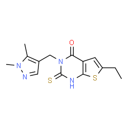 ChemSpider 2D Image | thieno[2,3-d]pyrimidin-4(3H)-one, 3-[(1,5-dimethyl-1H-pyrazol-4-yl)methyl]-6-ethyl-2-mercapto- | C14H16N4OS2