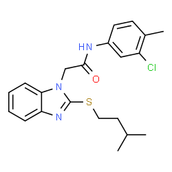 ChemSpider 2D Image | N-(3-Chloro-4-methylphenyl)-2-{2-[(3-methylbutyl)sulfanyl]-1H-benzimidazol-1-yl}acetamide | C21H24ClN3OS