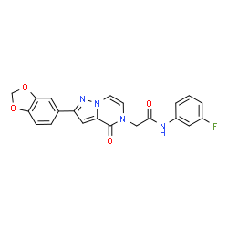 ChemSpider 2D Image | 2-[2-(1,3-Benzodioxol-5-yl)-4-oxopyrazolo[1,5-a]pyrazin-5(4H)-yl]-N-(3-fluorophenyl)acetamide | C21H15FN4O4