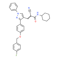 ChemSpider 2D Image | 2-Cyano-N-cyclohexyl-3-(3-{4-[(4-fluorobenzyl)oxy]phenyl}-1-phenyl-1H-pyrazol-4-yl)acrylamide | C32H29FN4O2