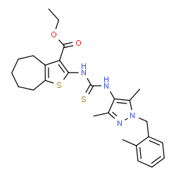 ChemSpider 2D Image | Ethyl 2-({[3,5-dimethyl-1-(2-methylbenzyl)-1H-pyrazol-4-yl]carbamothioyl}amino)-5,6,7,8-tetrahydro-4H-cyclohepta[b]thiophene-3-carboxylate | C26H32N4O2S2
