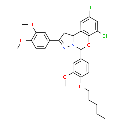 ChemSpider 2D Image | 7,9-Dichloro-2-(3,4-dimethoxyphenyl)-5-[3-methoxy-4-(pentyloxy)phenyl]-1,10b-dihydropyrazolo[1,5-c][1,3]benzoxazine | C30H32Cl2N2O5