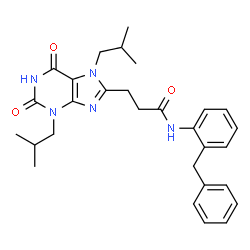 ChemSpider 2D Image | N-(2-Benzylphenyl)-3-(3,7-diisobutyl-2,6-dioxo-2,3,6,7-tetrahydro-1H-purin-8-yl)propanamide | C29H35N5O3