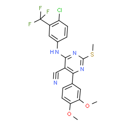 ChemSpider 2D Image | 4-{[4-Chloro-3-(trifluoromethyl)phenyl]amino}-6-(3,4-dimethoxyphenyl)-2-(methylsulfanyl)-5-pyrimidinecarbonitrile | C21H16ClF3N4O2S