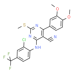 ChemSpider 2D Image | 4-{[2-Chloro-4-(trifluoromethyl)phenyl]amino}-6-(3,4-dimethoxyphenyl)-2-(methylsulfanyl)-5-pyrimidinecarbonitrile | C21H16ClF3N4O2S