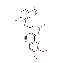 ChemSpider 2D Image | 4-{[2-Chloro-5-(trifluoromethyl)phenyl]amino}-6-(3,4-dimethoxyphenyl)-2-(methylsulfanyl)-5-pyrimidinecarbonitrile | C21H16ClF3N4O2S
