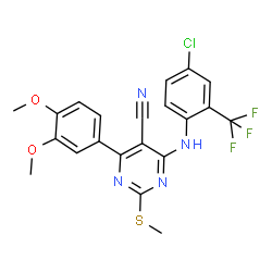 ChemSpider 2D Image | 4-{[4-Chloro-2-(trifluoromethyl)phenyl]amino}-6-(3,4-dimethoxyphenyl)-2-(methylsulfanyl)-5-pyrimidinecarbonitrile | C21H16ClF3N4O2S