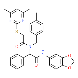 ChemSpider 2D Image | N-(benzo[d][1,3]dioxol-5-yl)-2-(2-(4,6-dimethylpyrimidin-2-ylthio)-N-(4-methylbenzyl)acetamido)-2-phenylacetamide | C31H30N4O4S