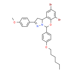 ChemSpider 2D Image | 7,9-Dibromo-5-[4-(hexyloxy)phenyl]-2-(4-methoxyphenyl)-1,10b-dihydropyrazolo[1,5-c][1,3]benzoxazine | C29H30Br2N2O3