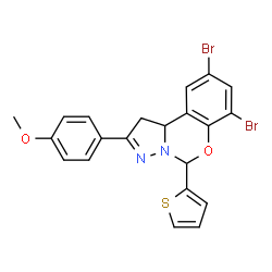ChemSpider 2D Image | 7,9-Dibromo-2-(4-methoxyphenyl)-5-(2-thienyl)-1,10b-dihydropyrazolo[1,5-c][1,3]benzoxazine | C21H16Br2N2O2S