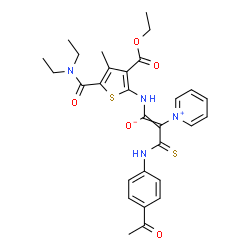 ChemSpider 2D Image | 3-[(4-Acetylphenyl)amino]-1-{[5-(diethylcarbamoyl)-3-(ethoxycarbonyl)-4-methyl-2-thienyl]amino}-2-(1-pyridiniumyl)-3-thioxo-1-propen-1-olate | C29H32N4O5S2
