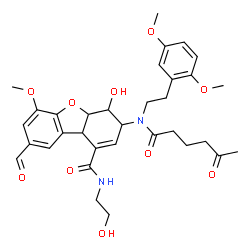 ChemSpider 2D Image | 3-{[2-(2,5-Dimethoxyphenyl)ethyl](5-oxohexanoyl)amino}-8-formyl-4-hydroxy-N-(2-hydroxyethyl)-6-methoxy-3,4,4a,9b-tetrahydrodibenzo[b,d]furan-1-carboxamide | C33H40N2O10
