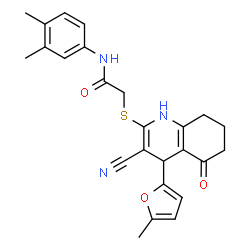 ChemSpider 2D Image | 2-{[3-Cyano-4-(5-methyl-2-furyl)-5-oxo-1,4,5,6,7,8-hexahydro-2-quinolinyl]sulfanyl}-N-(3,4-dimethylphenyl)acetamide | C25H25N3O3S