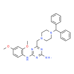 ChemSpider 2D Image | 6-((4-benzhydrylpiperazin-1-yl)methyl)-N2-(2,4-dimethoxyphenyl)-1,3,5-triazine-2,4-diamine | C29H33N7O2
