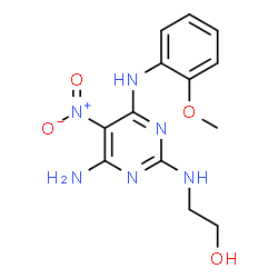 ChemSpider 2D Image | 2-({4-Amino-6-[(2-methoxyphenyl)amino]-5-nitro-2-pyrimidinyl}amino)ethanol | C13H16N6O4