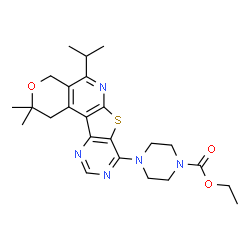 ChemSpider 2D Image | Ethyl 4-(5-isopropyl-2,2-dimethyl-1,4-dihydro-2H-pyrano[4'',3'':4',5']pyrido[3',2':4,5]thieno[3,2-d]pyrimidin-8-yl)-1-piperazinecarboxylate | C24H31N5O3S