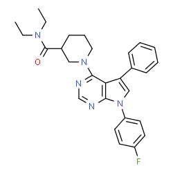 ChemSpider 2D Image | N,N-Diethyl-1-[7-(4-fluorophenyl)-5-phenyl-7H-pyrrolo[2,3-d]pyrimidin-4-yl]-3-piperidinecarboxamide | C28H30FN5O