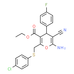 ChemSpider 2D Image | Ethyl 6-amino-2-{[(4-chlorophenyl)sulfanyl]methyl}-5-cyano-4-(4-fluorophenyl)-4H-pyran-3-carboxylate | C22H18ClFN2O3S