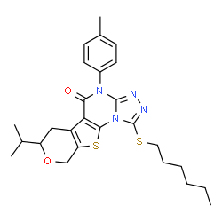 ChemSpider 2D Image | 1-(Hexylsulfanyl)-7-isopropyl-4-(4-methylphenyl)-6,9-dihydro-7H-pyrano[4',3':4,5]thieno[3,2-e][1,2,4]triazolo[4,3-a]pyrimidin-5(4H)-one | C26H32N4O2S2