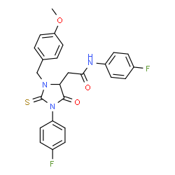 ChemSpider 2D Image | N-(4-Fluorophenyl)-2-[1-(4-fluorophenyl)-3-(4-methoxybenzyl)-5-oxo-2-thioxo-4-imidazolidinyl]acetamide | C25H21F2N3O3S