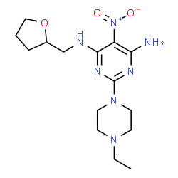ChemSpider 2D Image | 2-(4-Ethyl-1-piperazinyl)-5-nitro-N-(tetrahydro-2-furanylmethyl)-4,6-pyrimidinediamine | C15H25N7O3