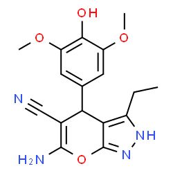 ChemSpider 2D Image | 6-Amino-3-ethyl-4-(4-hydroxy-3,5-dimethoxyphenyl)-2,4-dihydropyrano[2,3-c]pyrazole-5-carbonitrile | C17H18N4O4