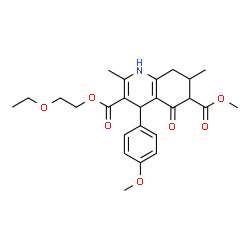 ChemSpider 2D Image | 3-(2-Ethoxyethyl) 6-methyl 4-(4-methoxyphenyl)-2,7-dimethyl-5-oxo-1,4,5,6,7,8-hexahydro-3,6-quinolinedicarboxylate | C25H31NO7