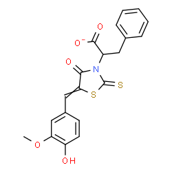 ChemSpider 2D Image | 2-[5-(4-Hydroxy-3-methoxybenzylidene)-4-oxo-2-thioxo-1,3-thiazolidin-3-yl]-3-phenylpropanoate | C20H16NO5S2