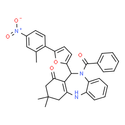 ChemSpider 2D Image | 10-Benzoyl-3,3-dimethyl-11-[5-(2-methyl-4-nitrophenyl)-2-furyl]-2,3,4,5,10,11-hexahydro-1H-dibenzo[b,e][1,4]diazepin-1-one | C33H29N3O5