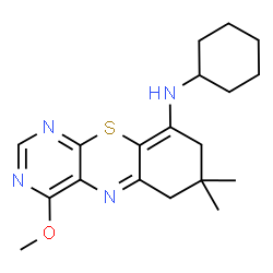 ChemSpider 2D Image | N-Cyclohexyl-4-methoxy-7,7-dimethyl-7,8-dihydro-6H-pyrimido[4,5-b][1,4]benzothiazin-9-amine | C19H26N4OS