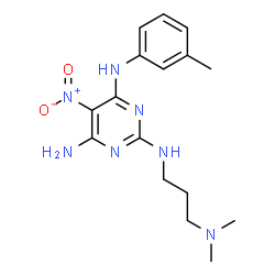 ChemSpider 2D Image | N~2~-[3-(Dimethylamino)propyl]-N~4~-(3-methylphenyl)-5-nitro-2,4,6-pyrimidinetriamine | C16H23N7O2