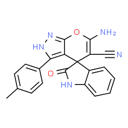 ChemSpider 2D Image | 6'-Amino-3'-(4-methylphenyl)-2-oxo-1,2-dihydro-2'H-spiro[indole-3,4'-pyrano[2,3-c]pyrazole]-5'-carbonitrile | C21H15N5O2