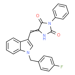 ChemSpider 2D Image | 5-{[1-(4-Fluorobenzyl)-1H-indol-3-yl]methylene}-3-phenyl-2,4-imidazolidinedione | C25H18FN3O2