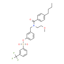 ChemSpider 2D Image | 3-{[(4-Butylbenzoyl)(2-methoxyethyl)amino]methyl}phenyl 3-(trifluoromethyl)benzenesulfonate | C28H30F3NO5S
