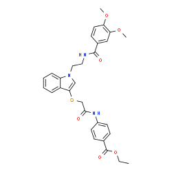 ChemSpider 2D Image | Ethyl 4-({[(1-{2-[(3,4-dimethoxybenzoyl)amino]ethyl}-1H-indol-3-yl)sulfanyl]acetyl}amino)benzoate | C30H31N3O6S