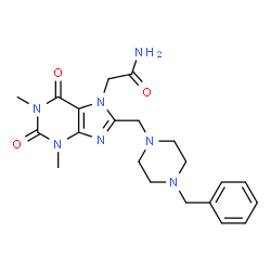 ChemSpider 2D Image | 2-{8-[(4-Benzyl-1-piperazinyl)methyl]-1,3-dimethyl-2,6-dioxo-1,2,3,6-tetrahydro-7H-purin-7-yl}acetamide | C21H27N7O3