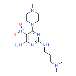 ChemSpider 2D Image | N~2~-[3-(Dimethylamino)propyl]-6-(4-methyl-1-piperazinyl)-5-nitro-2,4-pyrimidinediamine | C14H26N8O2
