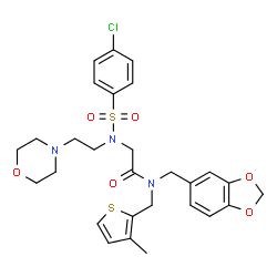 ChemSpider 2D Image | N-(1,3-Benzodioxol-5-ylmethyl)-N~2~-[(4-chlorophenyl)sulfonyl]-N-[(3-methyl-2-thienyl)methyl]-N~2~-[2-(4-morpholinyl)ethyl]glycinamide | C28H32ClN3O6S2
