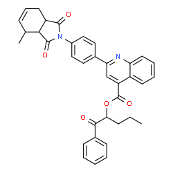 ChemSpider 2D Image | 1-Oxo-1-phenyl-2-pentanyl 2-[4-(4-methyl-1,3-dioxo-1,3,3a,4,7,7a-hexahydro-2H-isoindol-2-yl)phenyl]-4-quinolinecarboxylate | C36H32N2O5