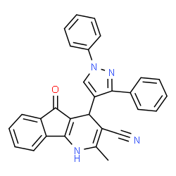 ChemSpider 2D Image | 4-(1,3-Diphenyl-1H-pyrazol-4-yl)-2-methyl-5-oxo-4,5-dihydro-1H-indeno[1,2-b]pyridine-3-carbonitrile | C29H20N4O