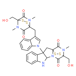 ChemSpider 2D Image | 14-(Hydroxymethyl)-3-(3-{[4-(hydroxymethyl)-5,7-dimethyl-6,8-dioxo-2,3-dithia-5,7-diazabicyclo[2.2.2]oct-1-yl]methyl}-1H-indol-1-yl)-18-methyl-15,16-dithia-10,12,18-triazapentacyclo[12.2.2.0~1,12~.0~3
,11~.0~4,9~]octadeca-4,6,8-triene-13,17-dione | C31H30N6O6S4