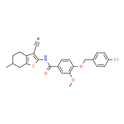 ChemSpider 2D Image | 4-[(4-Chlorobenzyl)oxy]-N-(3-cyano-6-methyl-4,5,6,7-tetrahydro-1-benzothiophen-2-yl)-3-methoxybenzamide | C25H23ClN2O3S