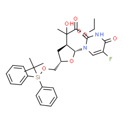 ChemSpider 2D Image | 2',3'-Dideoxy-2'-(1-ethoxy-2-hydroxy-1-oxo-2-propanyl)-5-fluoro-5'-O-[(2-methyl-2-propanyl)(diphenyl)silyl]uridine | C30H37FN2O7Si